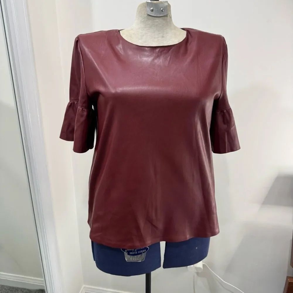 ONLY Faux Leather Short Sleeve Top - Burgundy 38